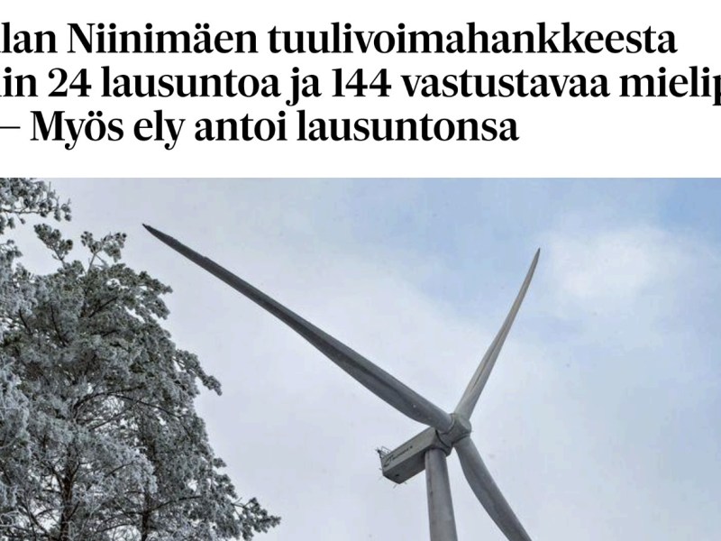 Niinimäen tuulivoimaloista 24 lausuntoa ja 144 vastustavaa&nbsp;mielipidettä